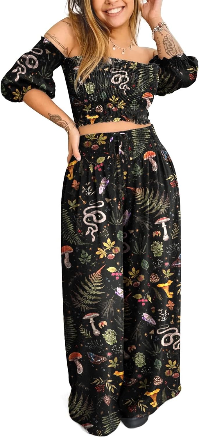 Womens Celestial Clothing Witchy Whimsigoth Outfits Cotton Co-ord Lounge Set Summer Vacation Travel Clothes
