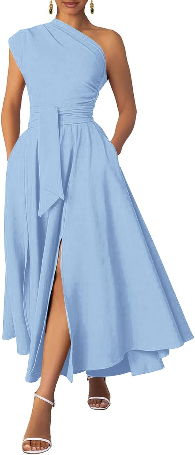 Ekaliy Women's One Shoulder Belted Maxi Dress Formal Wedding Guest Dress