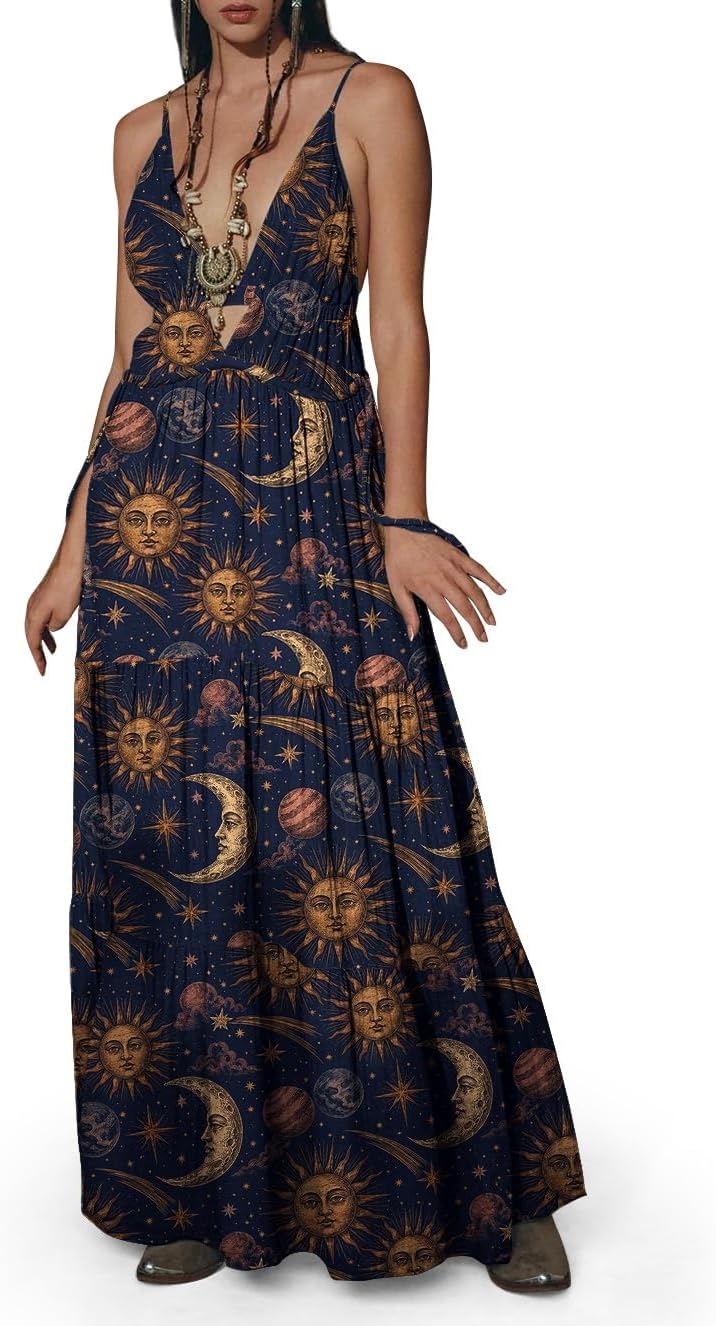 Womens Summer Sun Dresses Mystical Gothic Maxi Dress Casual Floral Witch Dress Date Dress Halloween Outfits