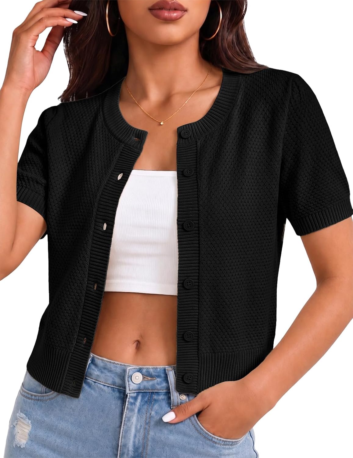 Cherry Short Sleeve Cardigan for Women Cropped Lightweight Cardigan Sweater