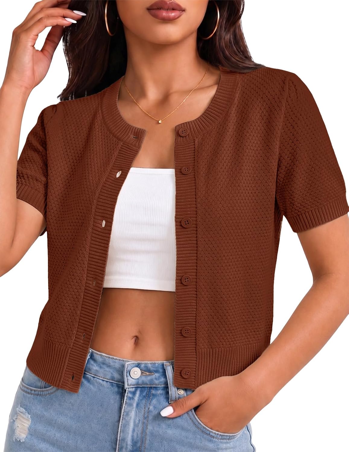 Cherry Short Sleeve Cardigan for Women Cropped Lightweight Cardigan Sweater