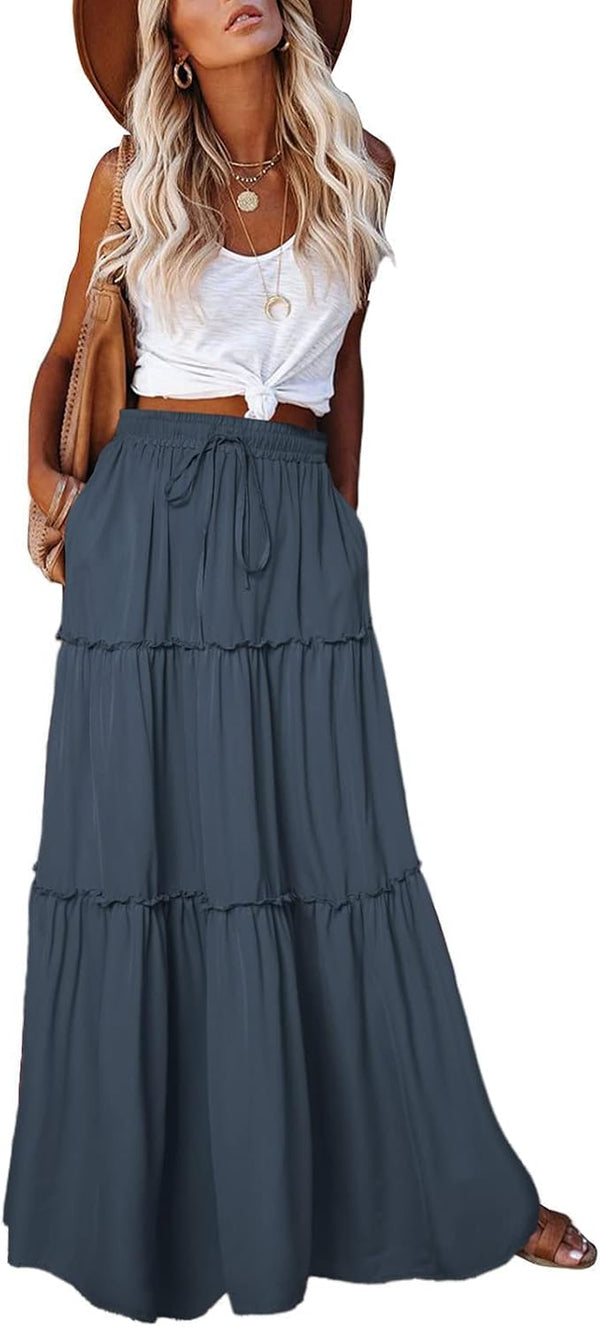 EARKOHA Womens Boho Maxi Skirt 2026 Summer Cruise Casual High Waist Tie Flowy Long Skirt with Pockets For Beach Vacation