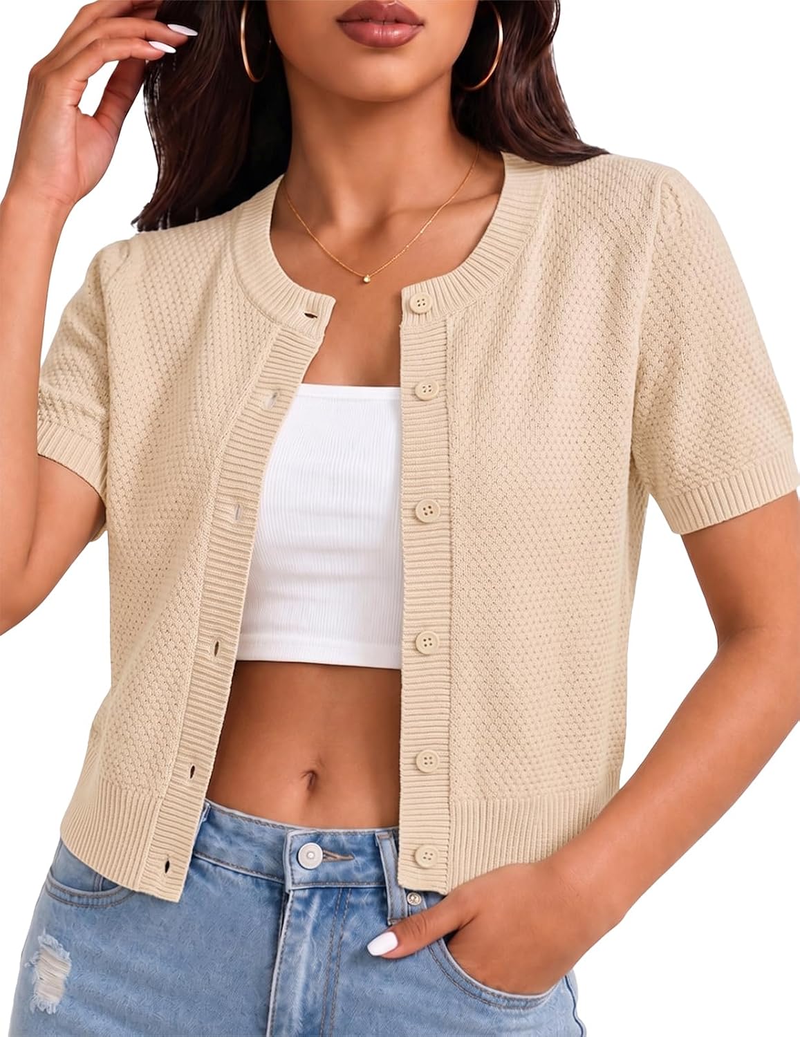 Cherry Short Sleeve Cardigan for Women Cropped Lightweight Cardigan Sweater