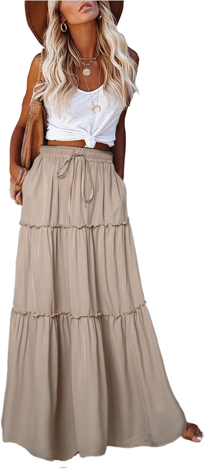 EARKOHA Womens Boho Maxi Skirt 2026 Summer Cruise Casual High Waist Tie Flowy Long Skirt with Pockets For Beach Vacation