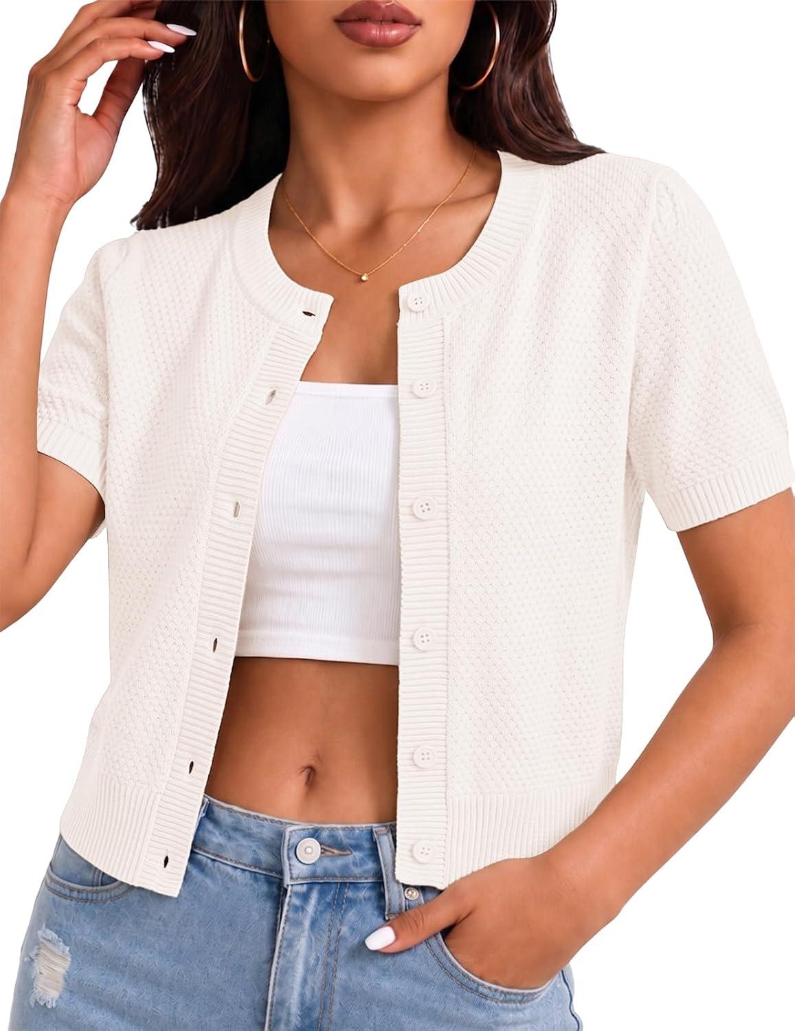 Cherry Short Sleeve Cardigan for Women Cropped Lightweight Cardigan Sweater