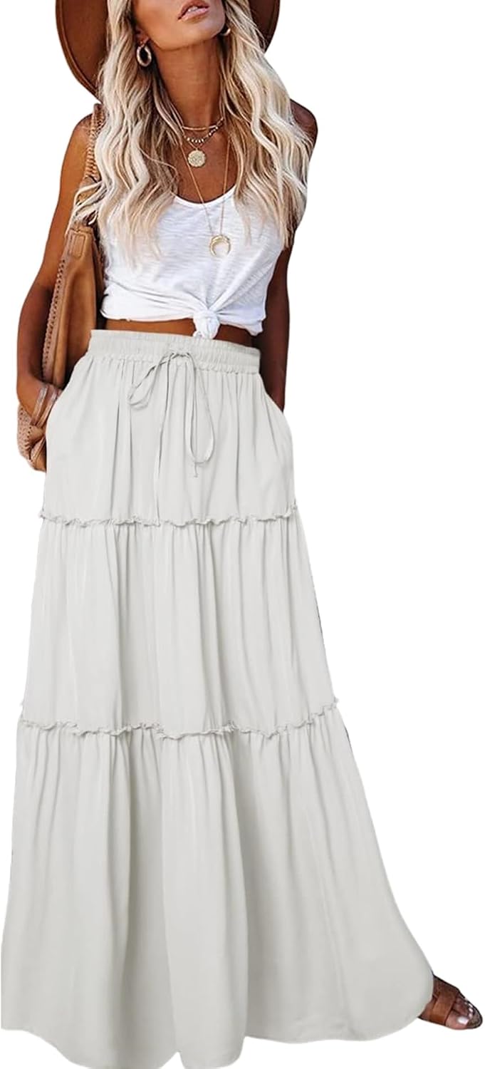 EARKOHA Womens Boho Maxi Skirt 2026 Summer Cruise Casual High Waist Tie Flowy Long Skirt with Pockets For Beach Vacation