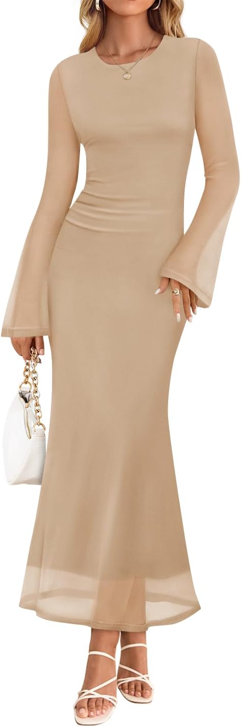ZESICA Womens Long Sleeve Floral Fall Bodycon Ruched Mesh Maxi Formal Dress