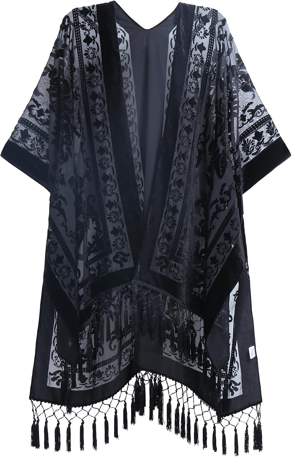 Women's Burnout Velvet Kimono Long Cardigan Cover Up With Tassel