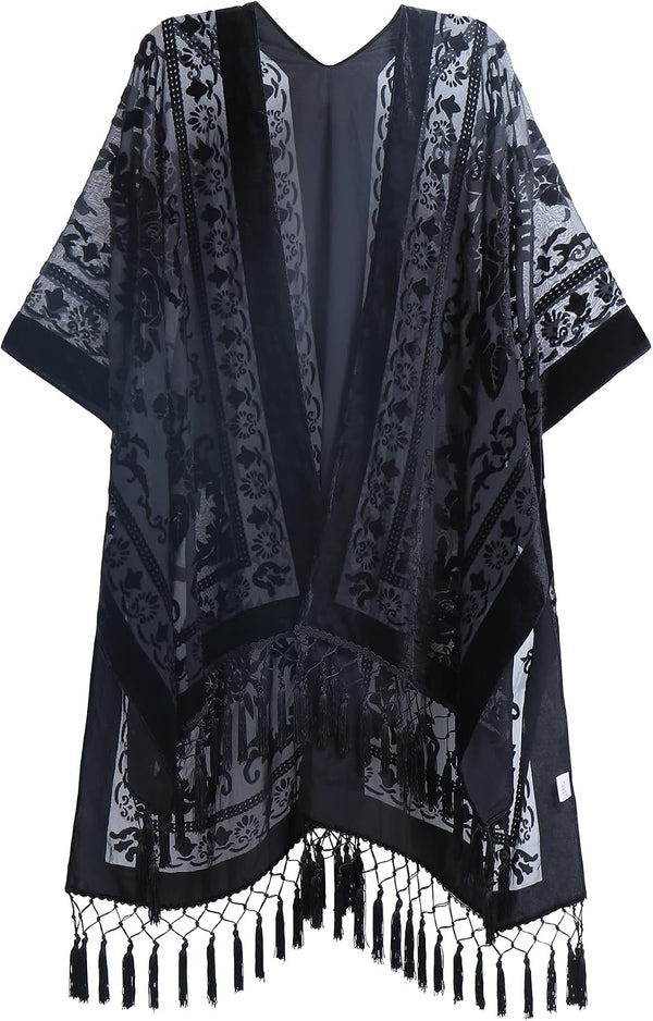 Women's Burnout Velvet Kimono Long Cardigan Cover Up With Tassel