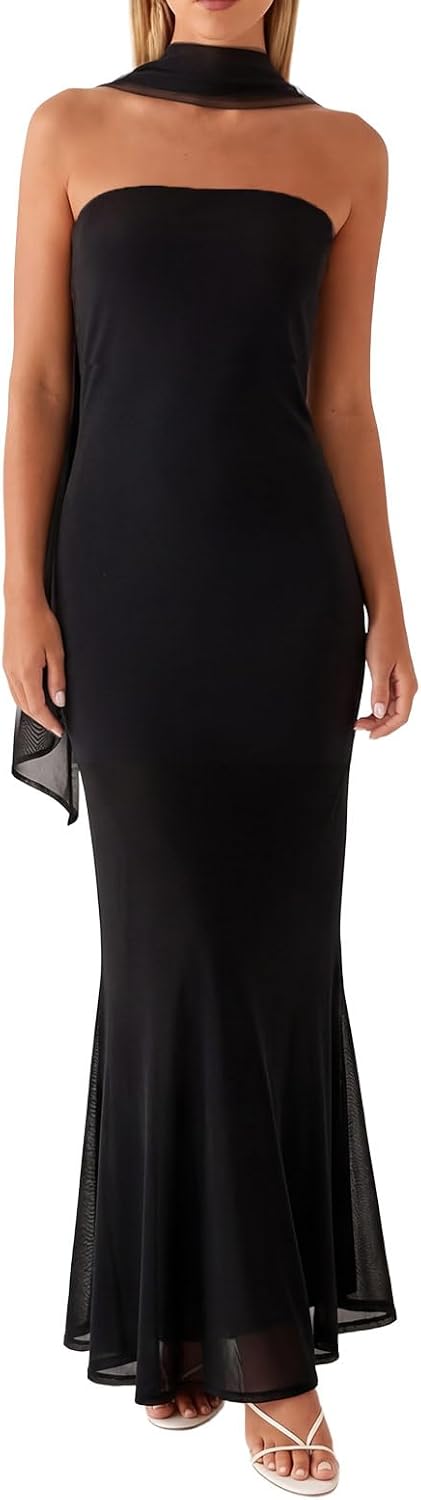 Women Floral Tube Maxi Dress with Scarf Summer Strapless Tube Bodycon Mesh Layer Cocktail Party Wedding Guest Dress