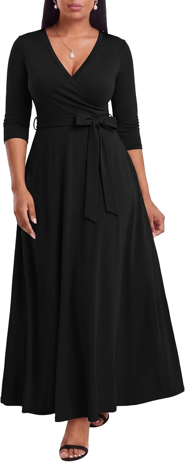FANDEE Plus Size Maxi Dress for Women Casual Summer Sundress V-Neck 3/4 Sleeve