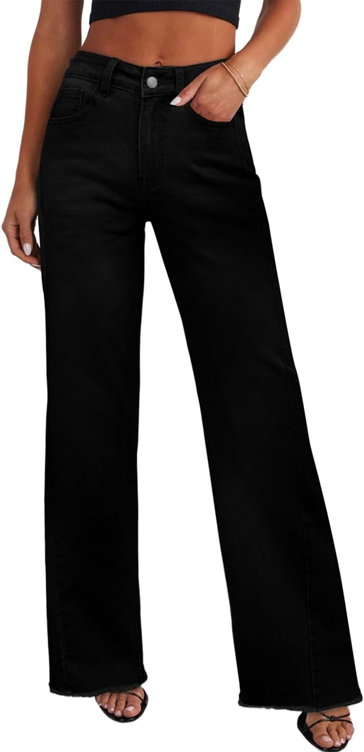 Sidefeel Women's Wide Leg Jeans High Waisted Stretchy Raw Hem