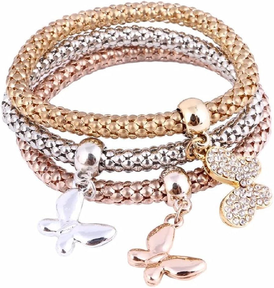 SILANER Crystal Charms Multilayer Bracelets - 3PCS Gold/Silver/Rose Gold Corn Chain Bracelet for Women, Tree of Life Heart Shaped Stretch Bracelet
