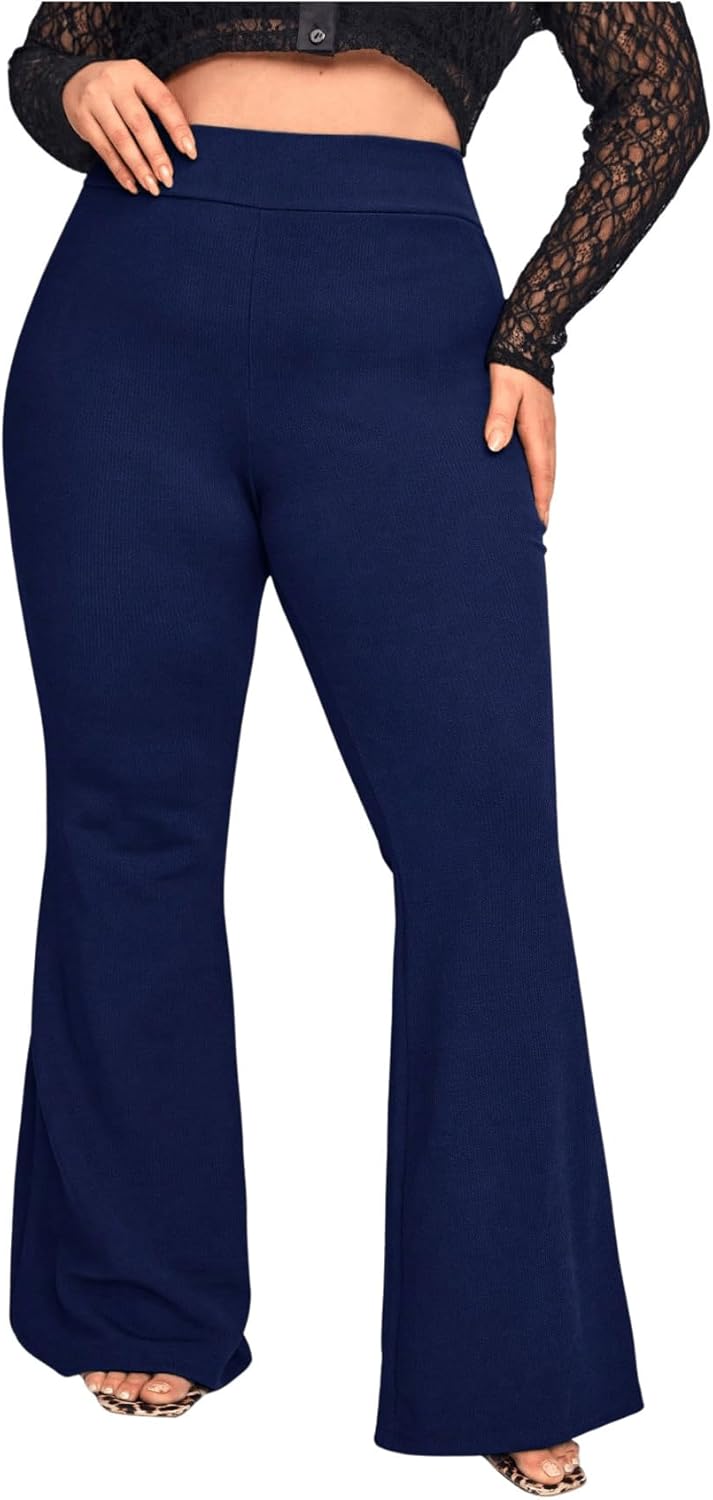 Wdirara Women's Plus Size Elastic High Waist Flare Bell Bottom Ribbed