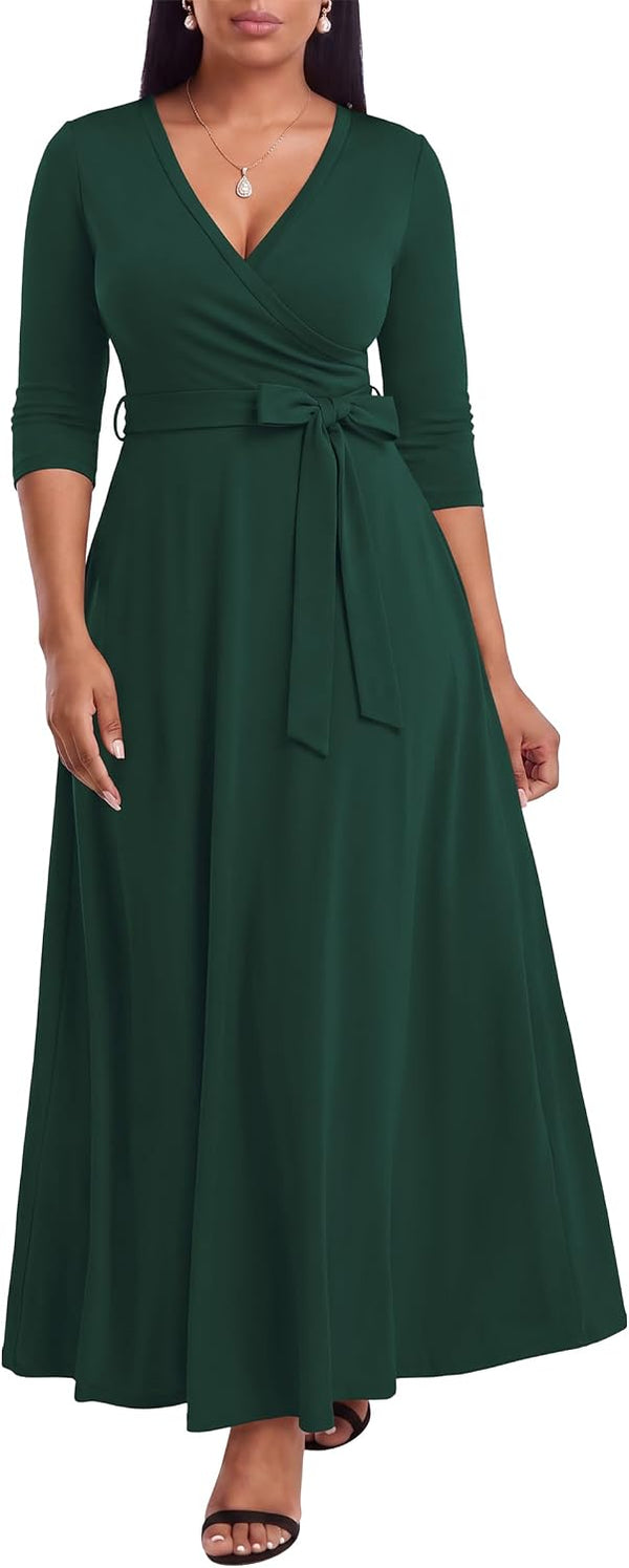 FANDEE Plus Size Maxi Dress for Women Casual Summer Sundress V-Neck 3/4 Sleeve