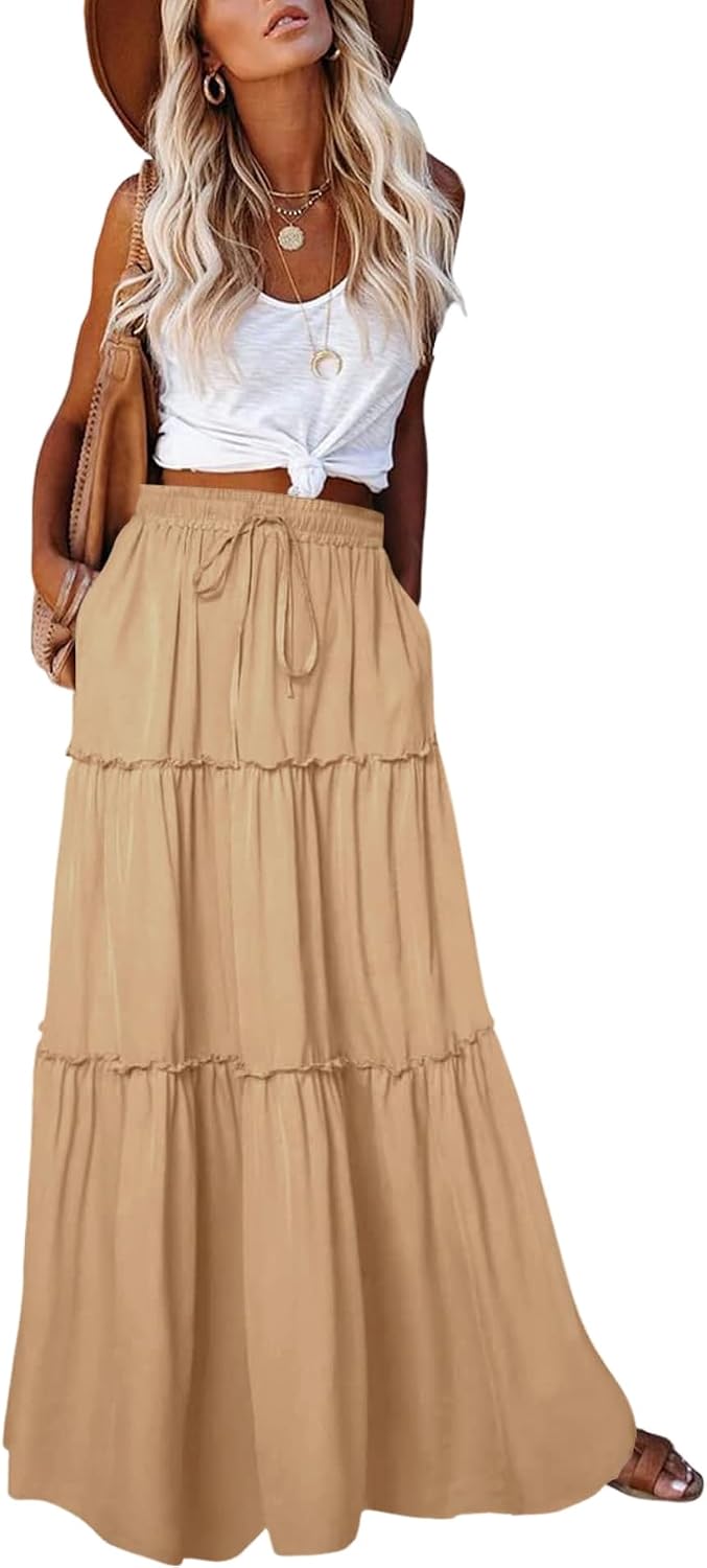 EARKOHA Womens Boho Maxi Skirt 2026 Summer Cruise Casual High Waist Tie Flowy Long Skirt with Pockets For Beach Vacation