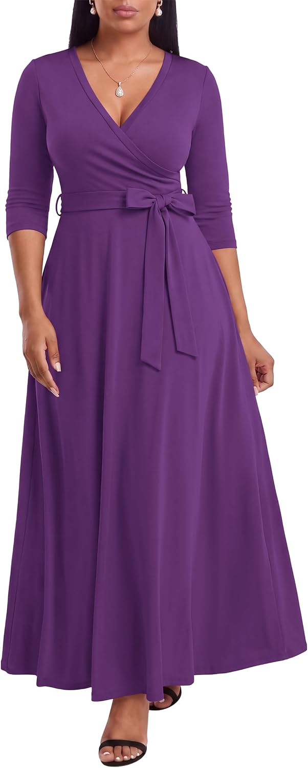 FANDEE Plus Size Maxi Dress for Women Casual Summer Sundress V-Neck 3/4 Sleeve