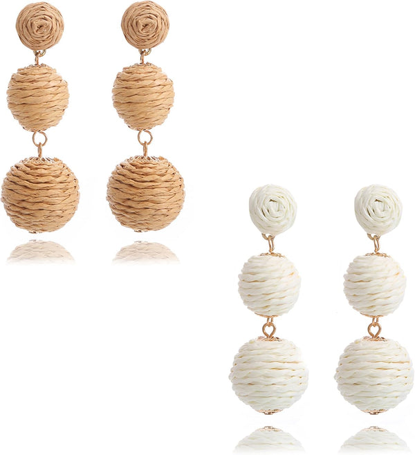 Raffia Rattan Boho Hoop Earrings (4 Pairs)