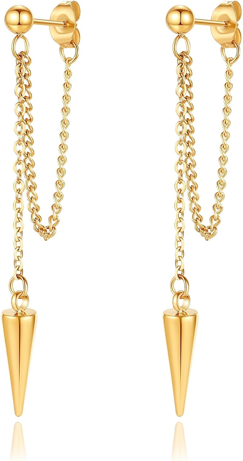 Gold Chain Earrings for Women Irregular Bar Spike Drop Dangle Earrings Long Threader Earring Dangly Tassel Earrings Stainless Steel Black Spike Steampunk Gothic Punk Earrings Jewelry