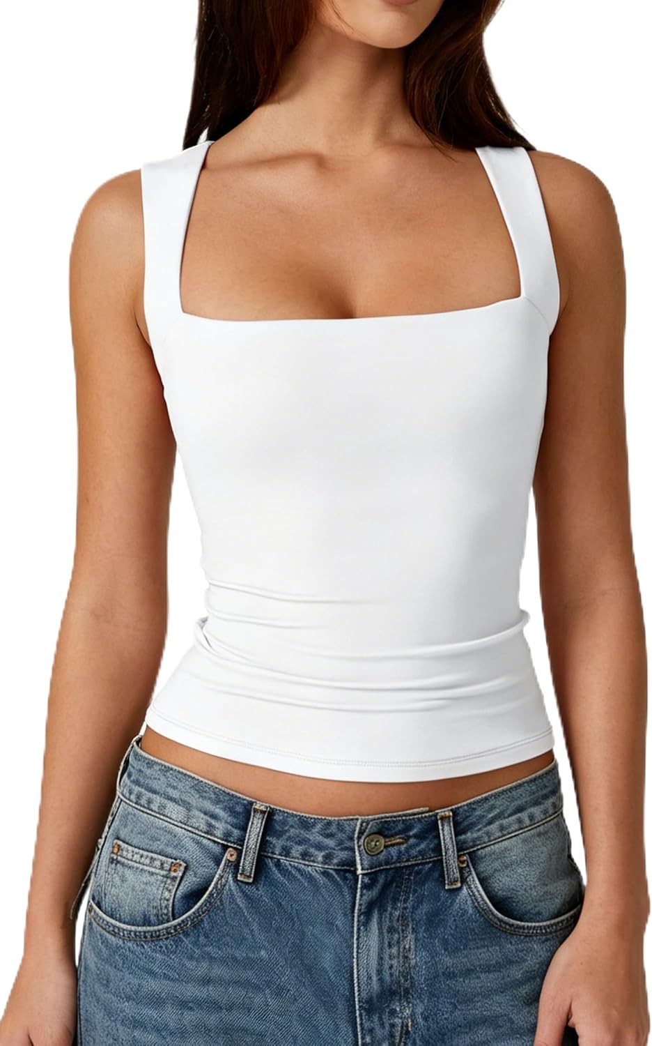 QINSEN Women's Square Neck Sleeveless Double-Layer Tank Tops Basic Tight T Shirts
