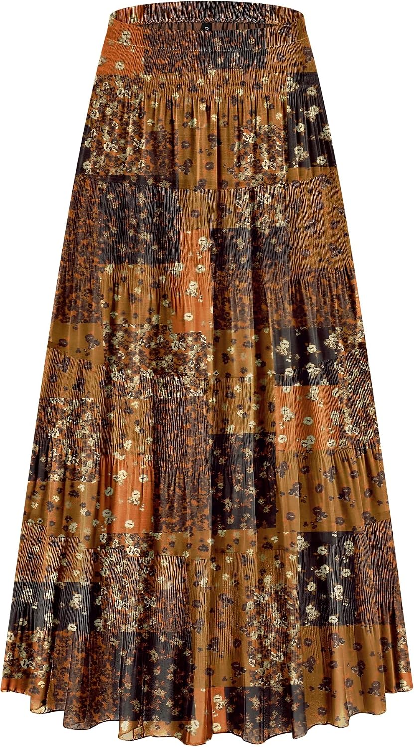 CYiNu Women's Chiffon Elastic High Waist Tiered Pleated Floral Printed A-Line Boho Long Maxi Skirts