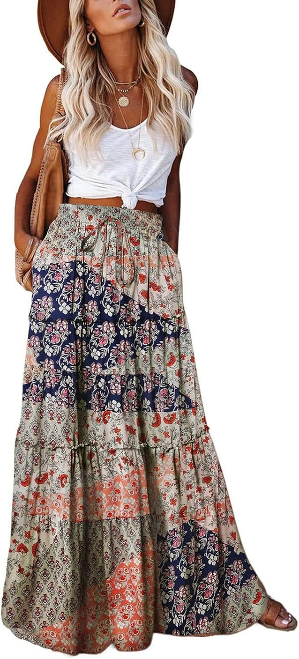 EARKOHA Womens Boho Maxi Skirt 2026 Summer Cruise Casual High Waist Tie Flowy Long Skirt with Pockets For Beach Vacation