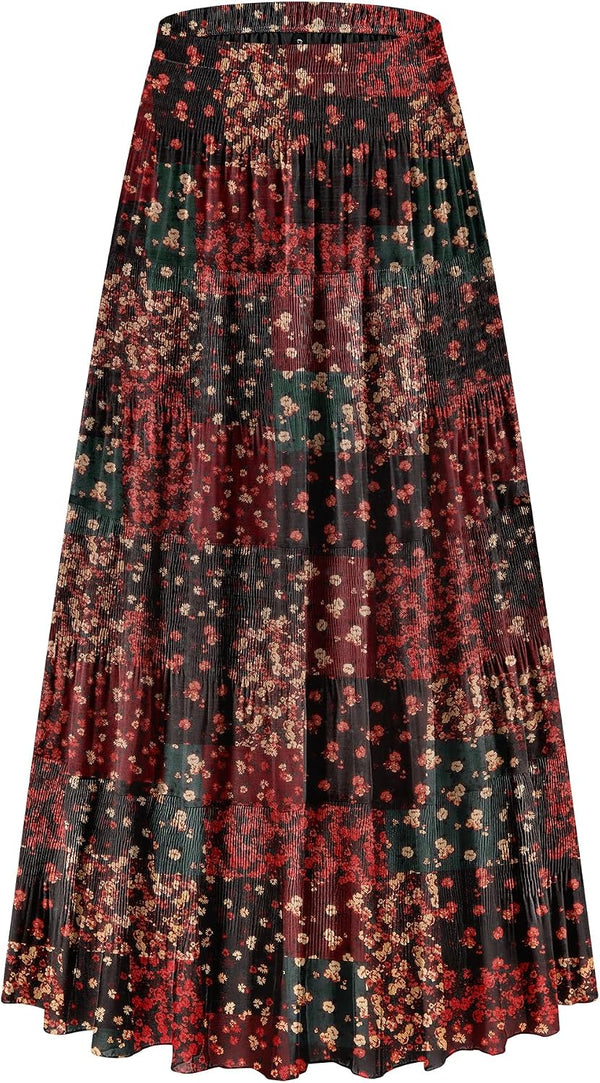 CYiNu Women's Chiffon Elastic High Waist Tiered Pleated Floral Printed A-Line Boho Long Maxi Skirts