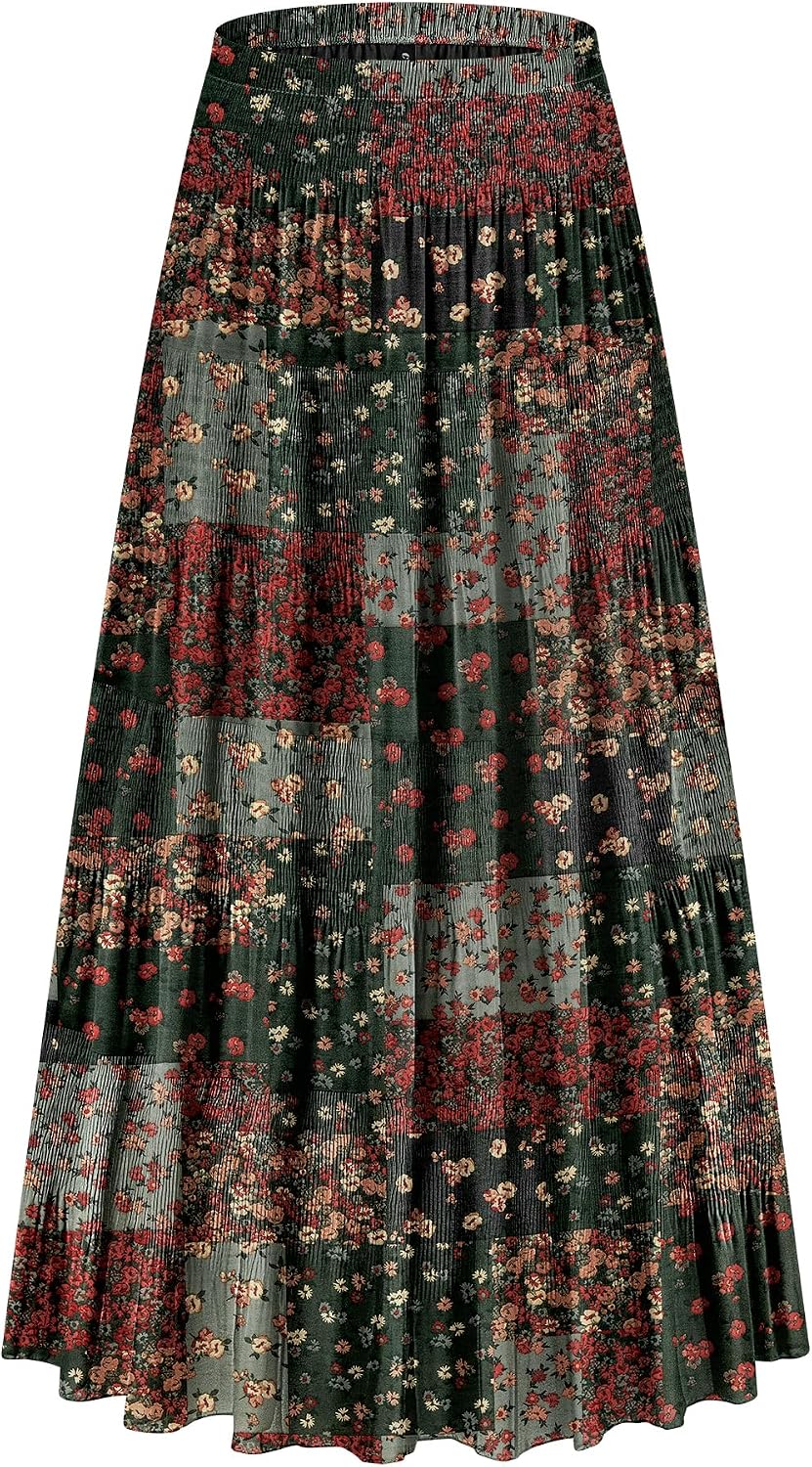 CYiNu Women's Chiffon Elastic High Waist Tiered Pleated Floral Printed A-Line Boho Long Maxi Skirts