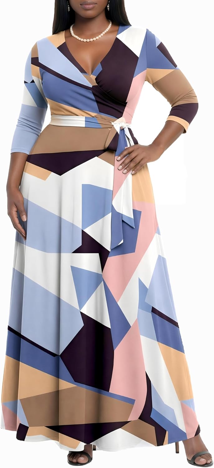 AOMONI Women's Maxi Dresses Summer Casual Wrap Tie Waist Long Dress