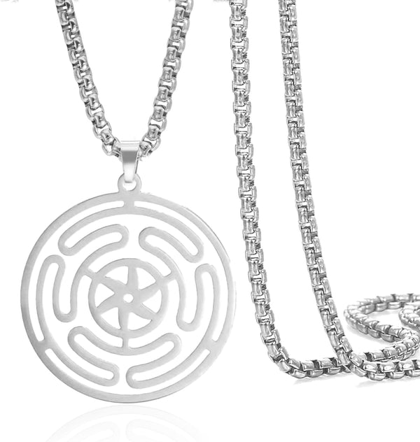 VASSAGO Wheel of Hecate Necklace Stainless Steel Triple Moon Goddess Hekate Strophalos Pendant Pagan Wicca Amulet Jewelry for Women Men
