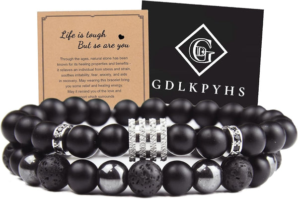 Black Obsidian Bracelet for Men - Black Tourmaline Beaded Bracelets - Mens Bracelet Set 8MM Black Onyx Hematite Lava Stone Beads Triple Protection Bracelet for Men Women Gifts
