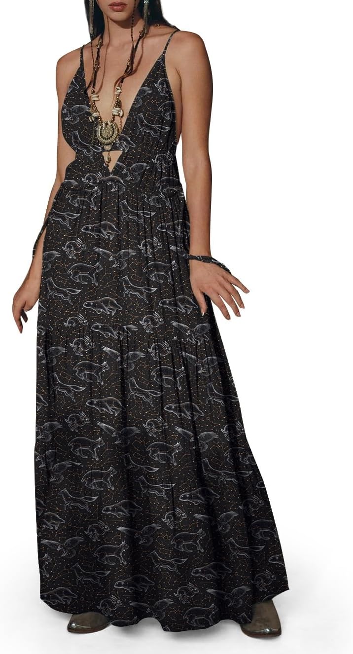 Womens Summer Sun Dresses Mystical Gothic Maxi Dress Casual Floral Witch Dress Date Dress Halloween Outfits