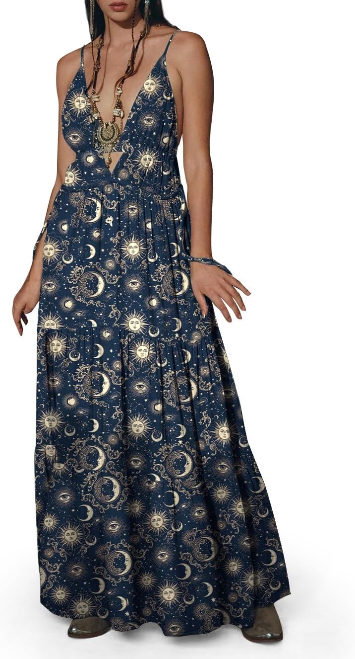 Womens Summer Sun Dresses Mystical Gothic Maxi Dress Casual Floral Witch Dress Date Dress Halloween Outfits