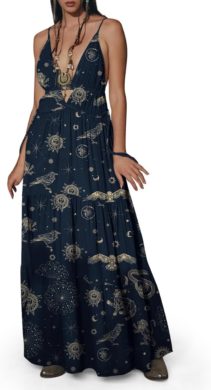 Womens Summer Sun Dresses Mystical Gothic Maxi Dress Casual Floral Witch Dress Date Dress Halloween Outfits
