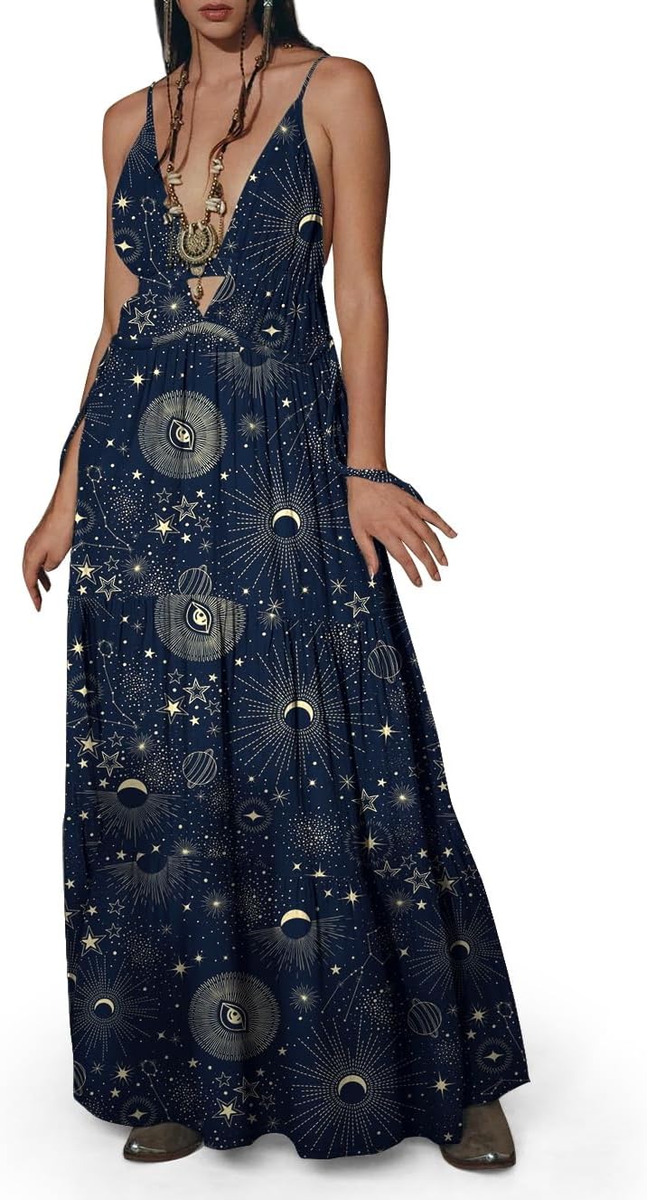 Womens Summer Sun Dresses Mystical Gothic Maxi Dress Casual Floral Witch Dress Date Dress Halloween Outfits