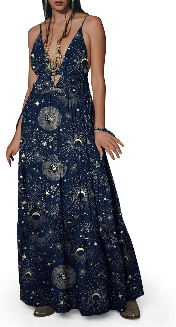 Womens Summer Sun Dresses Mystical Gothic Maxi Dress Casual Floral Witch Dress Date Dress Halloween Outfits