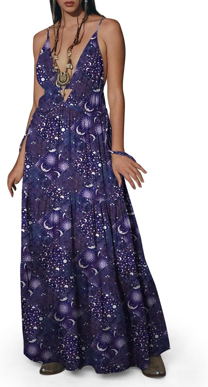 Womens Summer Sun Dresses Mystical Gothic Maxi Dress Casual Floral Witch Dress Date Dress Halloween Outfits