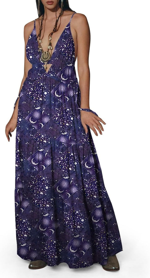Womens Summer Sun Dresses Mystical Gothic Maxi Dress Casual Floral Witch Dress Date Dress Halloween Outfits