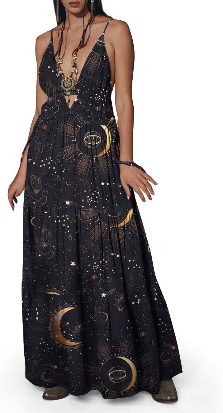 Womens Summer Sun Dresses Mystical Gothic Maxi Dress Casual Floral Witch Dress Date Dress Halloween Outfits