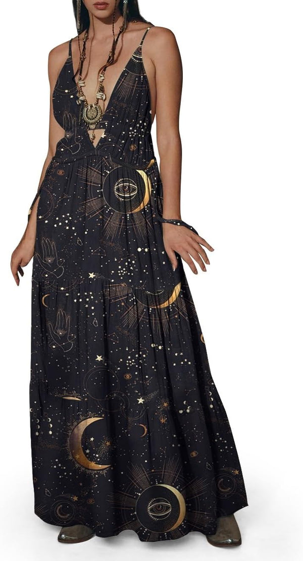 Womens Summer Sun Dresses Mystical Gothic Maxi Dress Casual Floral Witch Dress Date Dress Halloween Outfits