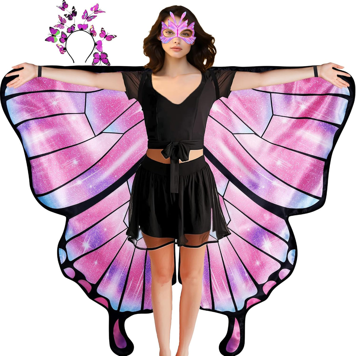 D.Q.Z Double Sided Women Butterfly Wings Costumes for Adults Fairy Music-Festivals with Headband Halloween Cosplay Party