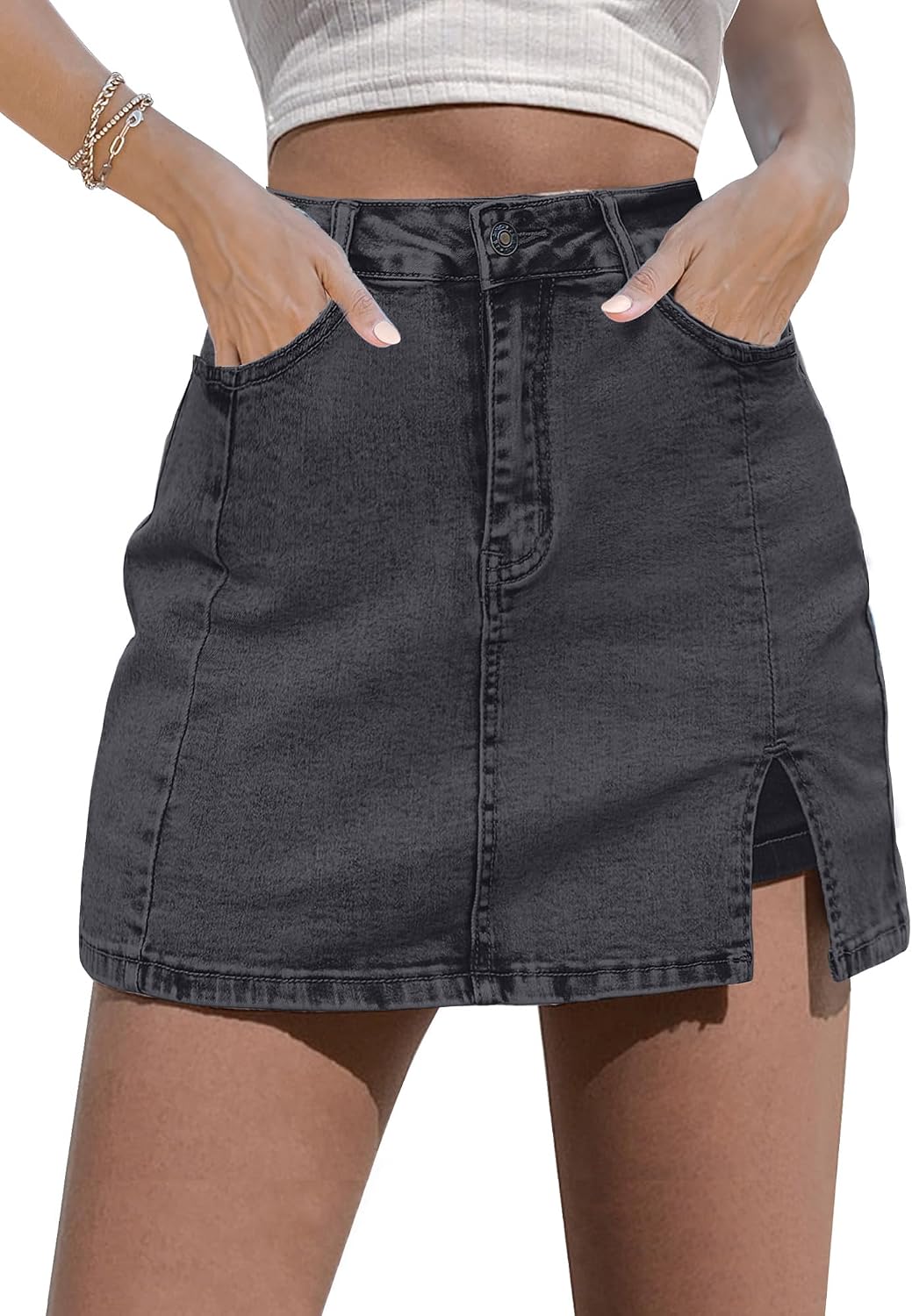 luvamia Jean Skort Women High Waisted Stretchy Denim Mini Skirt Side Slit