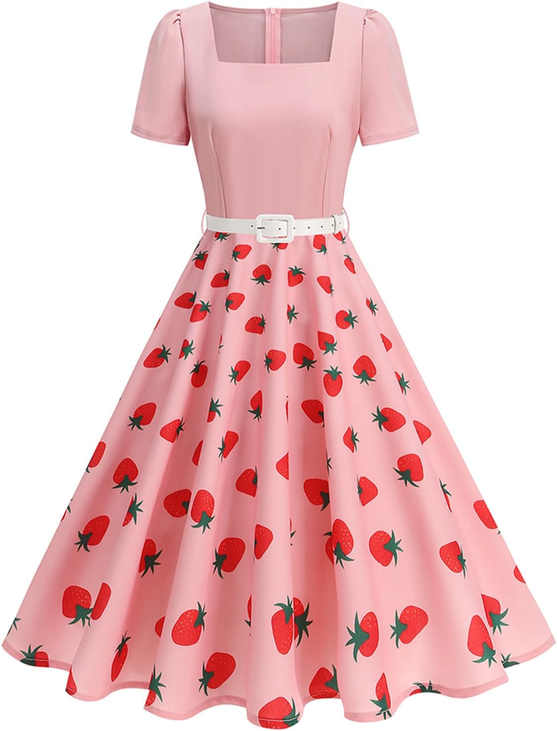 1950s Dresses for Women Vintage Rockabilly Retro 50s Floral Polka Dot Dress Audrey Hepburn Tea Party Cocktail Dress Belted