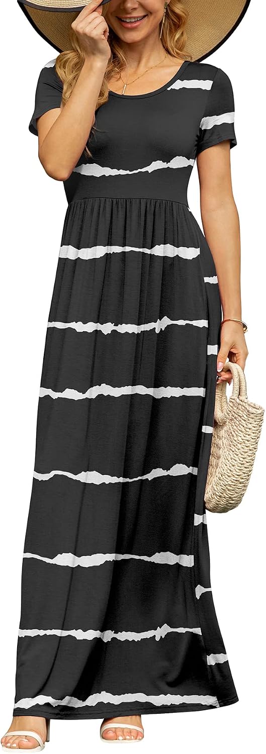 DB MOON Women's Summer Maxi Dress Casual Short Sleeve Empire Waist Pockets
