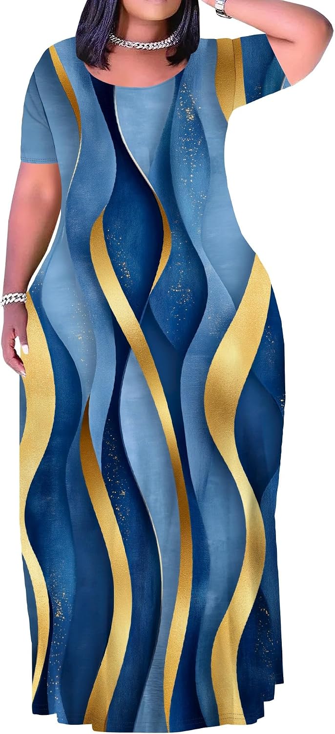 Plus Size Maxi Dress for Women Summer Short Sleeve Casual Sundress