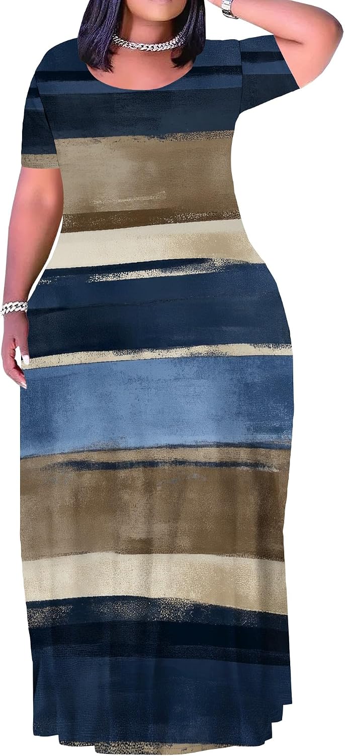 Plus Size Maxi Dress for Women Summer Short Sleeve Casual Sundress