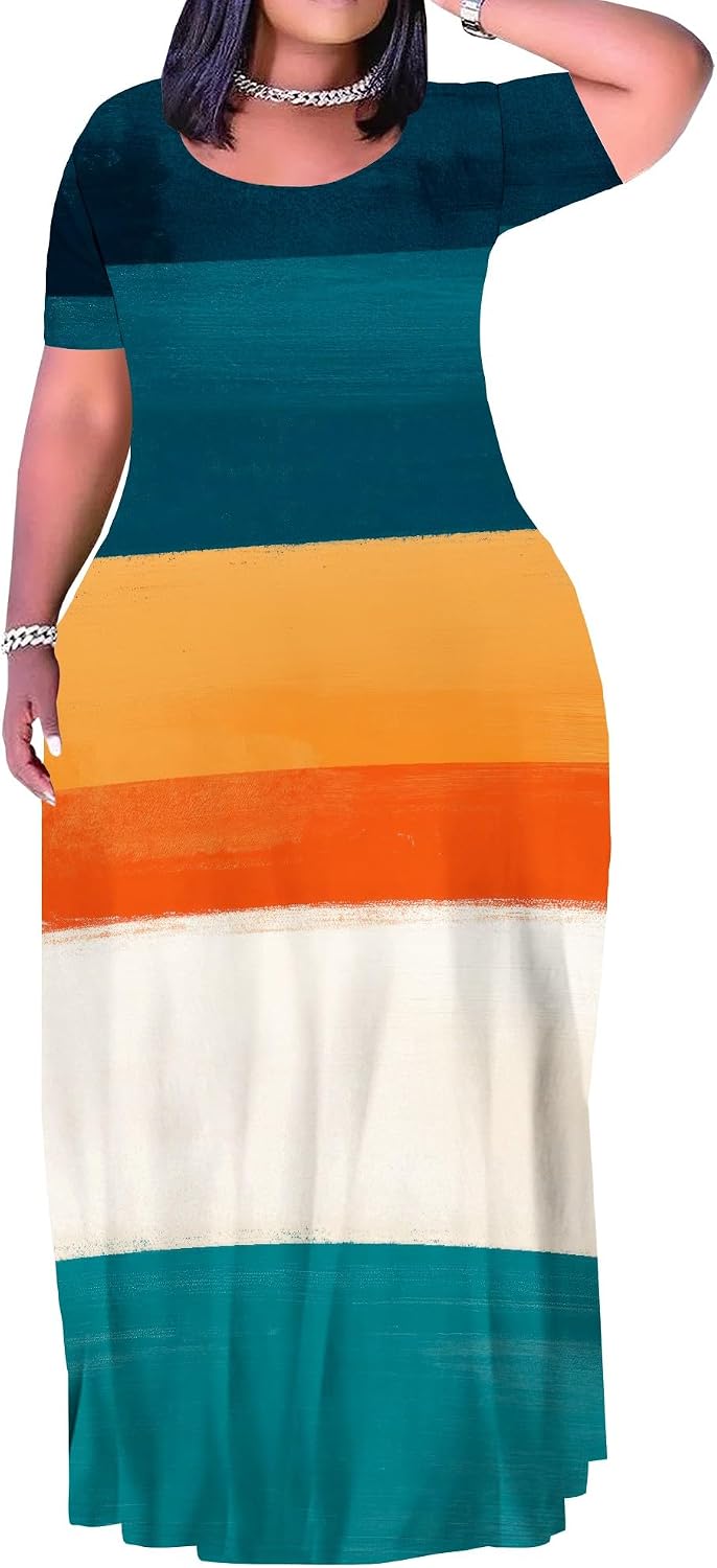 Plus Size Maxi Dress for Women Summer Short Sleeve Casual Sundress