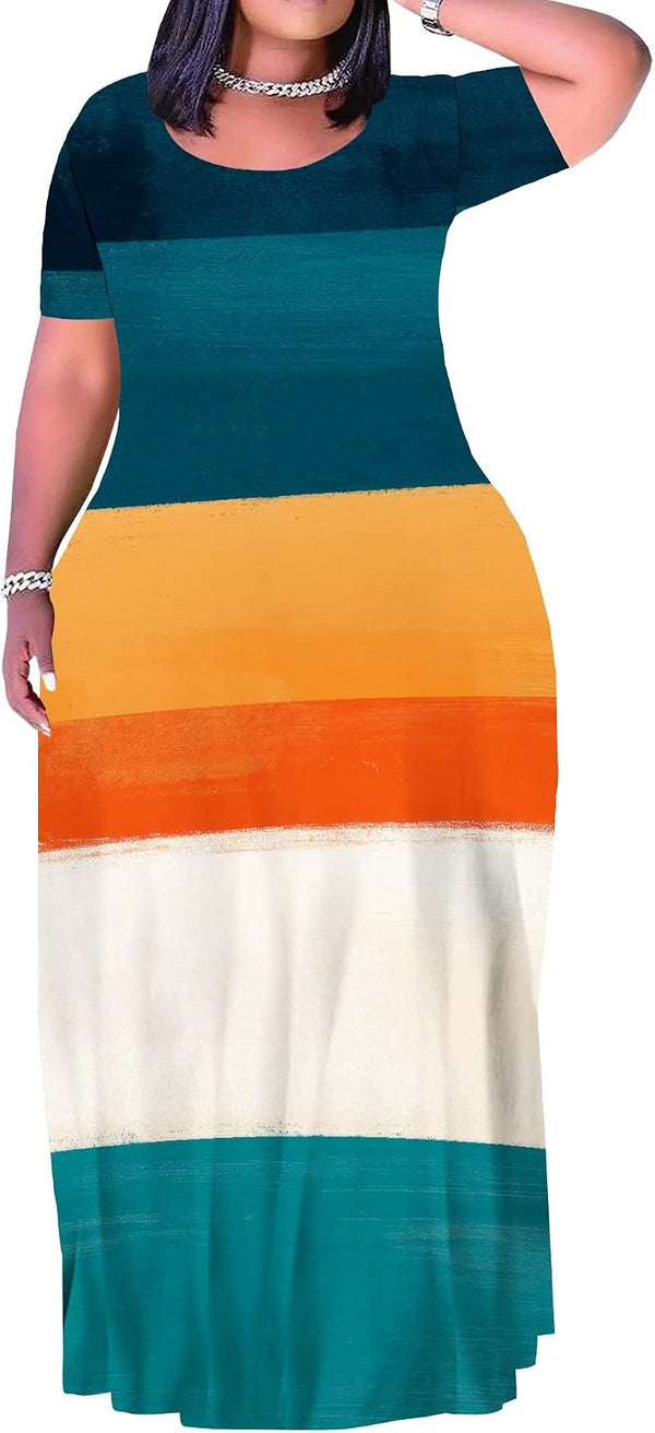 Plus Size Maxi Dress for Women Summer Short Sleeve Casual Sundress