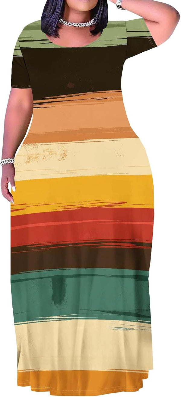 Plus Size Maxi Dress for Women Summer Short Sleeve Casual Sundress