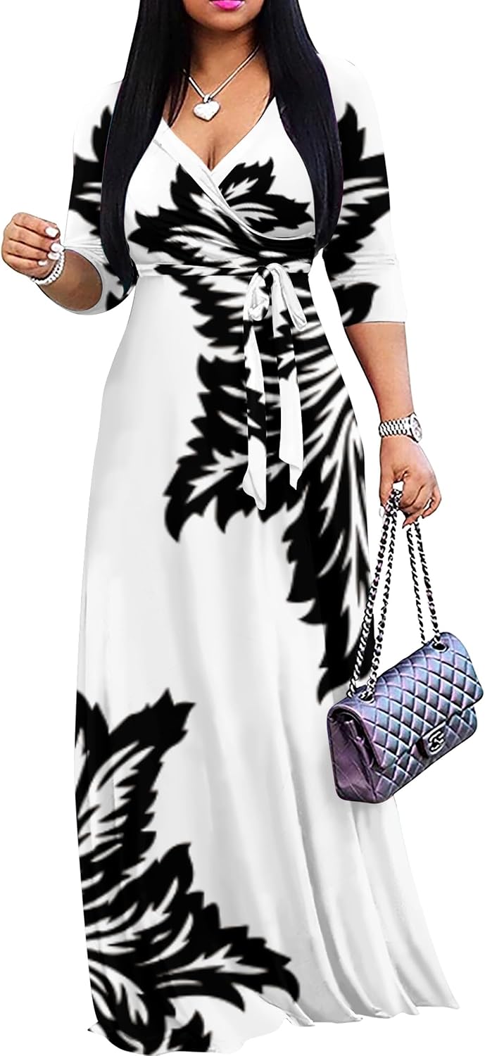 FANDEE Plus Size Maxi Dress for Women Casual Summer Sundress V-Neck 3/4 Sleeve